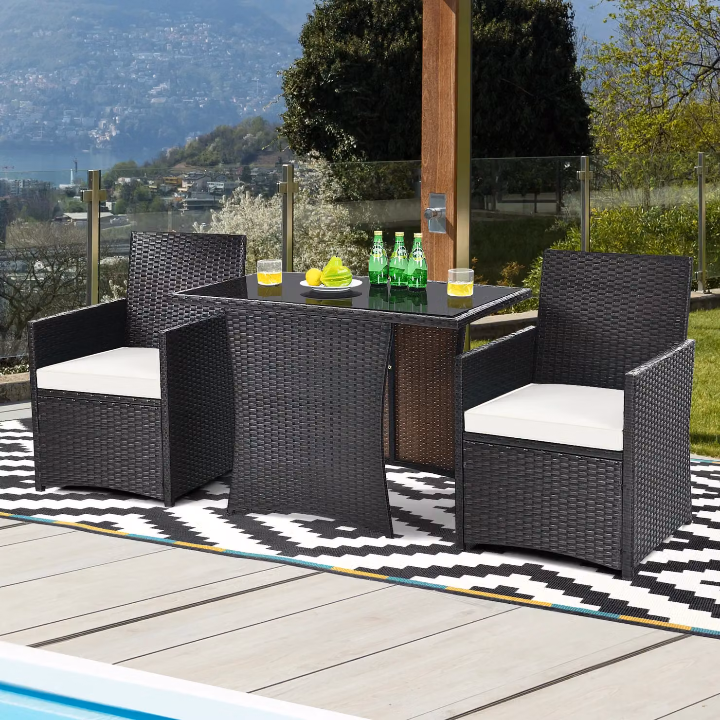 Costway 3 Piece White PE Wicker Garden Furniture Set with Coffee Table and Upholstered Cushions – 3