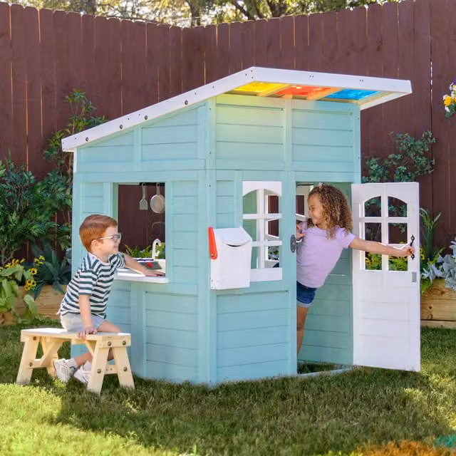Teamson Kids Wooden Dollhouse Play Kitchen and Playhouse in Mint Green