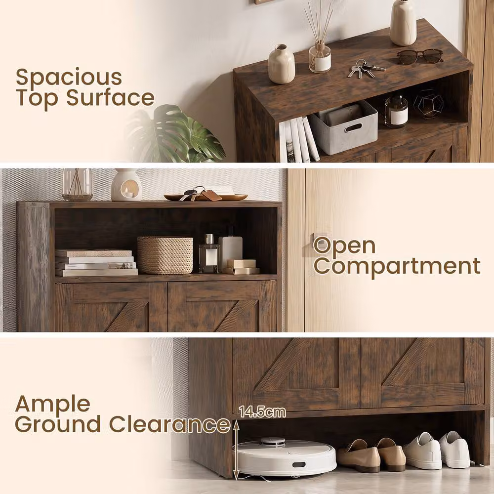 Costway Brown Rustic Wood Shoe Cabinet with 2 Barn Doors and Internal Shelves – 6