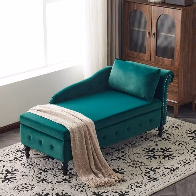 Matteo Green Velvet Upholstered Chaise Lounge Sofa with Storage