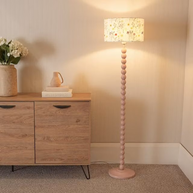 ValueLights Bobbins Floor Lamp with Floral Embroidered Fabric Shade in Rose Pink and Green