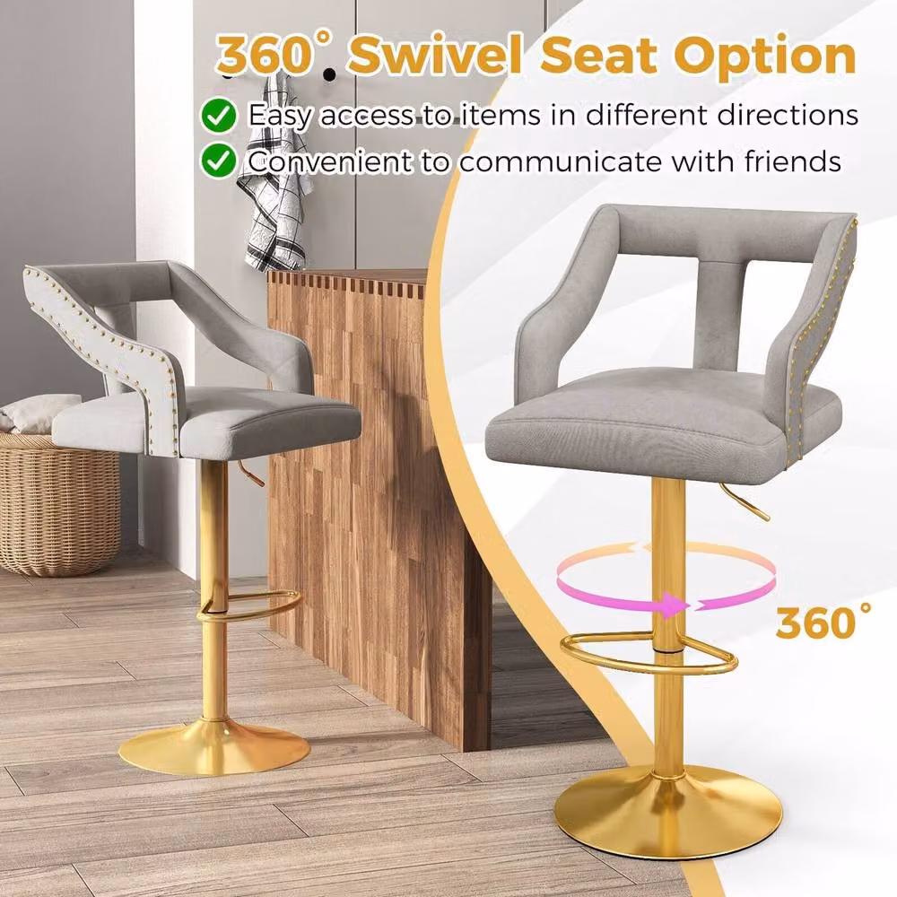 Gymax Set of 2 Adjustable Swivel Bar Stools in Grey Dutch Velvet – 3