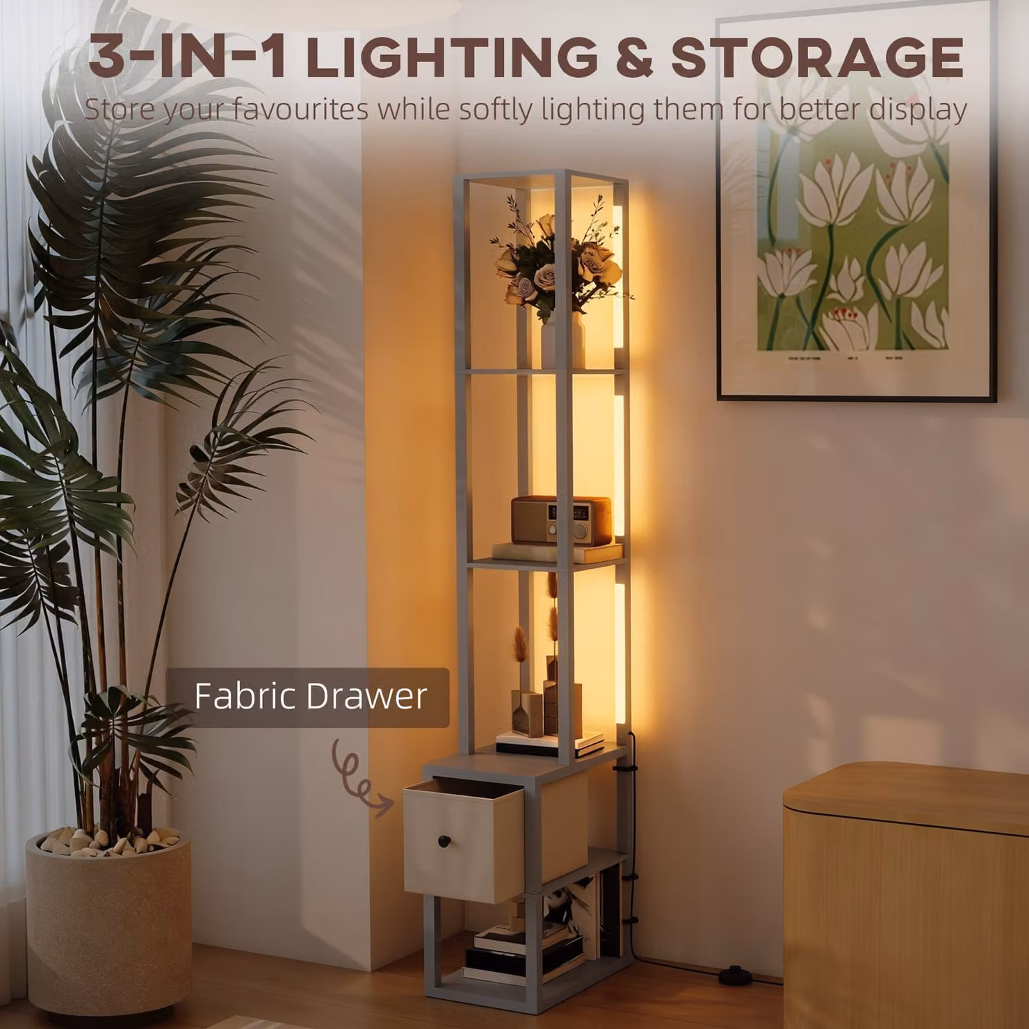 HOMCOM Modern LED Floor Lamp with Shelves and Fabric Drawer, Dimmable Warm White Column Standing Lamp in Grey, H 169 x W 26.5 x D 26.5 cm – 3