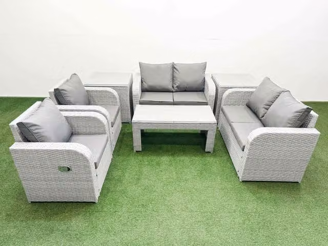 Fimous 6 Seater Rattan Garden Furniture Set with Reclining Chairs, Outdoor 2 Seater Sofa, Oblong Coffee Table and 2 Side Tables in Light Grey