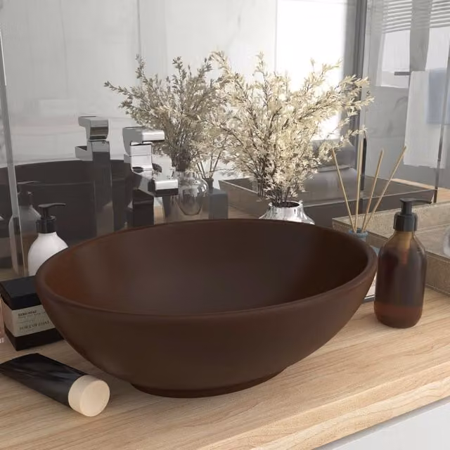Berkfield Home Luxury Oval Ceramic Countertop Basin in Matt Dark Brown W: 40 cm, D: 33 cm