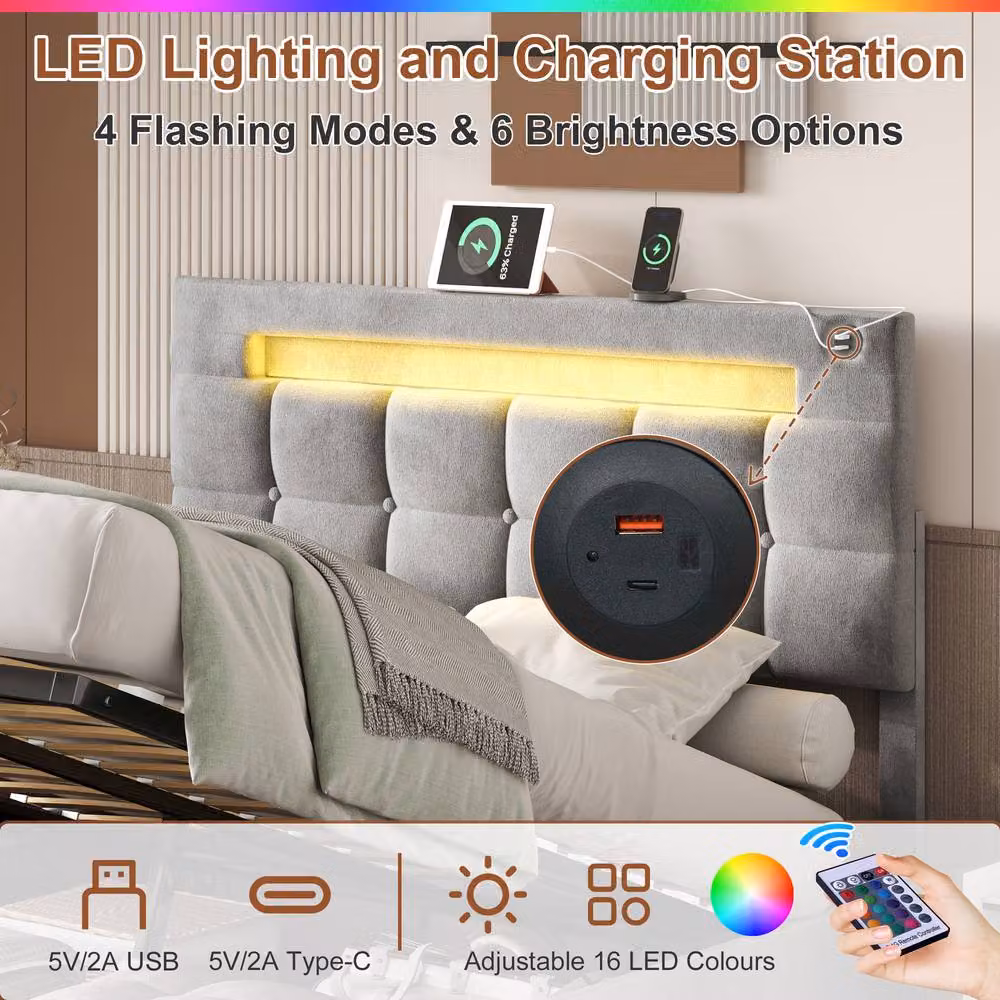 Matteo Grey Velvet Double Ottoman Bed Frame with LED Lighting and USB Charging Port, W/D/H: 140 x 200 cm – 4