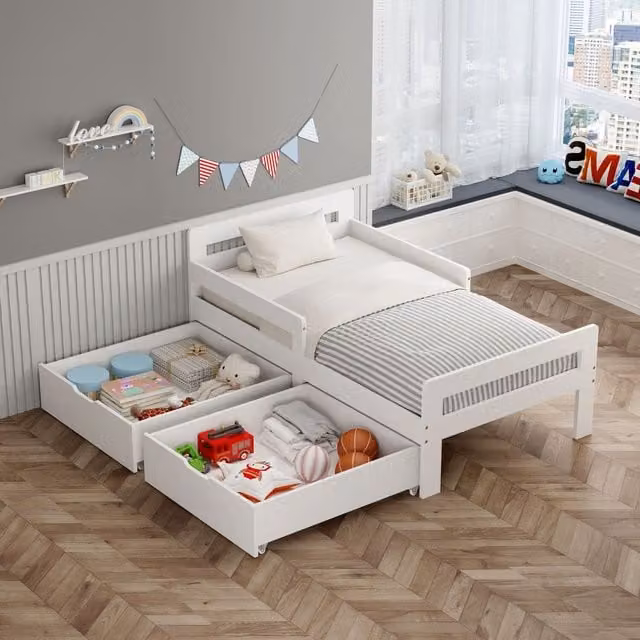 WestWood Solid Wood Montessori Toddler Bed Frame with Storage Drawer and Safety Rail, White, 90 x 190 cm