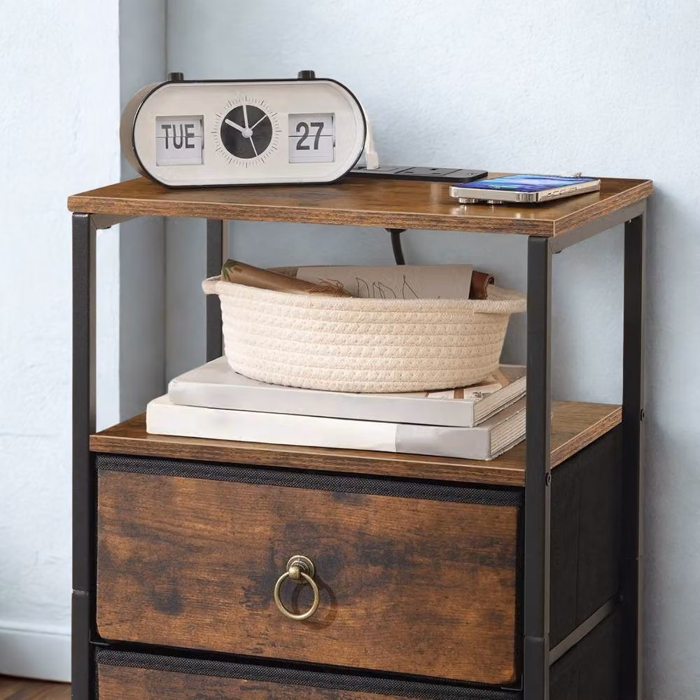 FURNOS Smart Bedside End Table with Drawers and USB Ports, Brown, W/D/H: 40 x 30 x 60 cm – 4