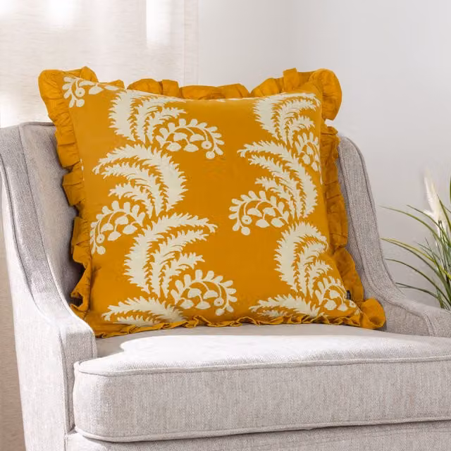 Paoletti Montrose Yellow Cotton Fringed Leaf Square Cushion, W/D/H: 50 x 50 x 50 cm – 1
