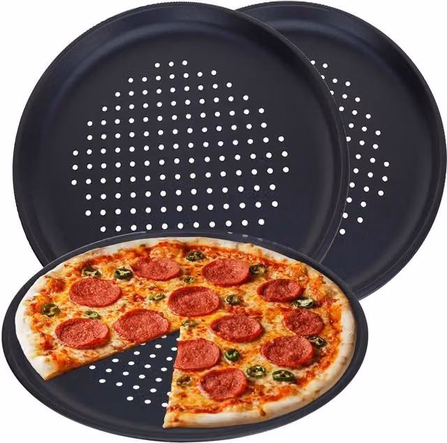Geezy Set of 3 Non Stick Round Carbon Steel Pizza Baking Trays, Black