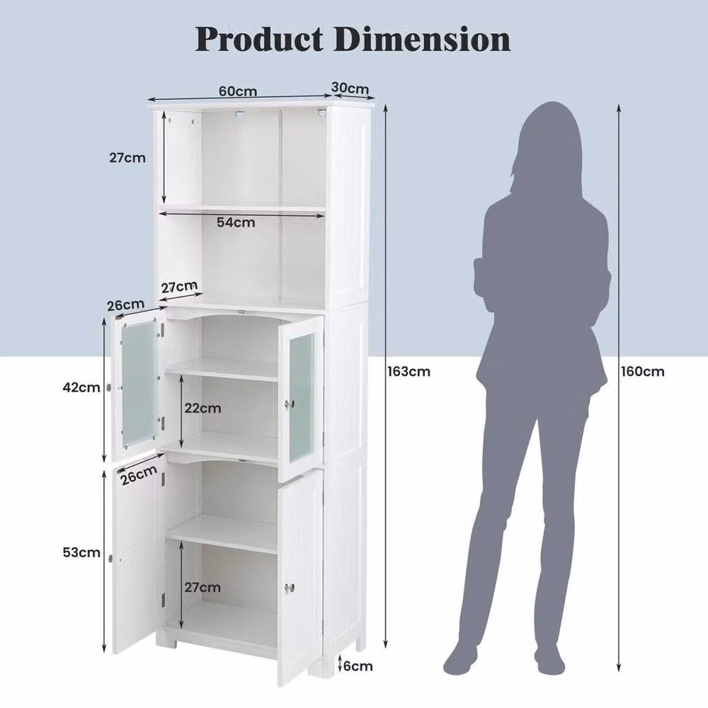 EONLION White Lacquered Wood Tall Storage Cabinet with 2 Hinged Doors and Open Shelf, Height: 100 cm – 2