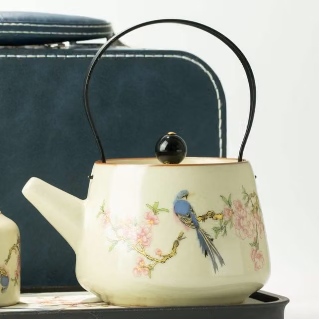 Serenityy Blue Bird Qing Dynasty Ceramic Travel Teapot Set with Two Cups in Blue and White Floral Design