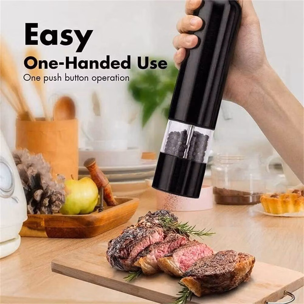 VOGREX Black Auto Electric Salt and Pepper Grinder Set with Light, 2-Piece Stainless Steel and Glass Set – 3