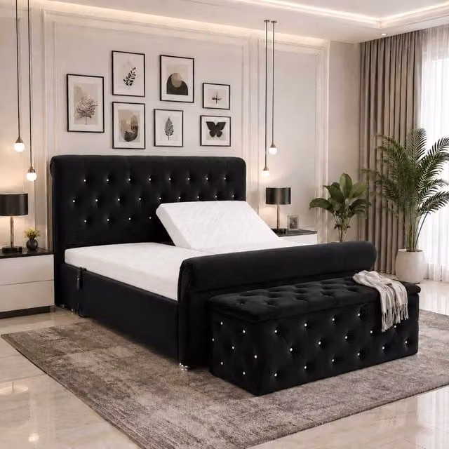 Harmony Adjustable Mobility Bed with Mattress and Headboard by K Mehmood Enterprise Ltd in Black and Silver with Upholstered Fabric Frame