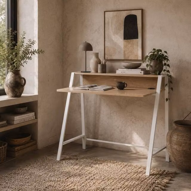 Wyld Haus Dodosu Compact Writing Desk in White and Oak with Storage Shelf – 1
