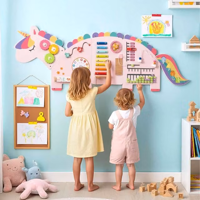 Costway Pink Unicorn Activity Wall Busy Board Sensory Wood Panels