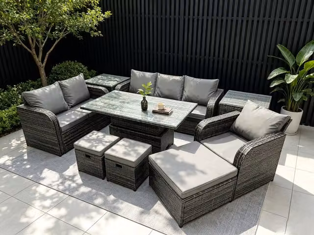 Fimous Rattan Garden Dining Set with Reclining Sofa, 2 Side Tables and 3 Footstools in Dark Grey