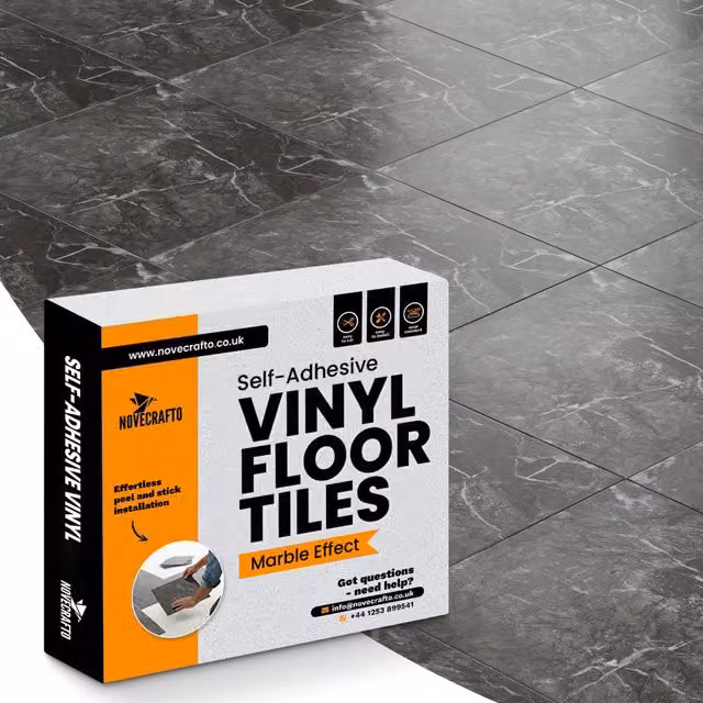 Novecrafto Self Adhesive Marble Effect Vinyl Floor Tiles, Pack of 20, Black and Grey, W/D: 30.5 x 30.5 cm – 1