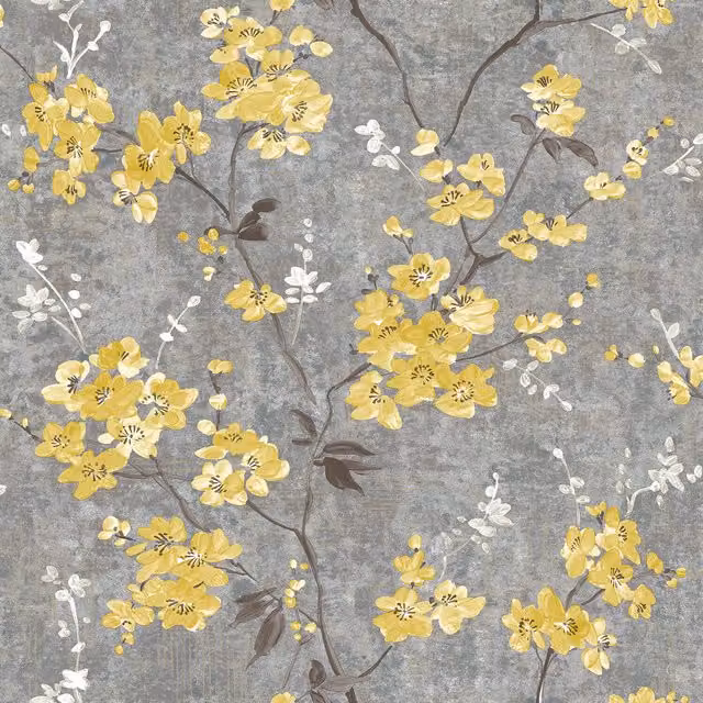 Grandeco Botanical Floral Wallpaper in Anthracite, Ochre and Grey