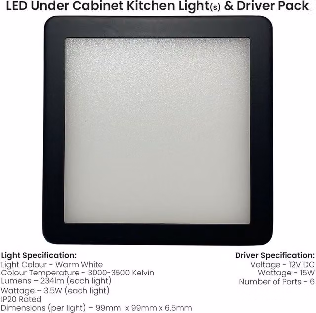 Loops 4x Matt Black Ultra-Slim Square Under Cabinet Kitchen LED Light and Driver Kit with Warm White Diffused Light