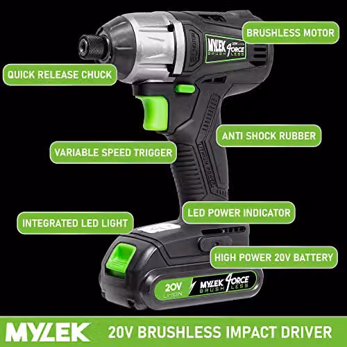 Mylek 4ORCE Cordless Brushless Impact Drill Driver 20V in Black with 2000Ah Battery, Fast Charger, Variable Speed 0-2400RPM, 280Nm, 0-3200BPM and LED Work Light – 4