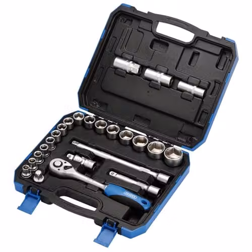 Draper 24 Piece Metric Socket Set with 1/2-Inch Square Drive in Blue Chrome Vanadium