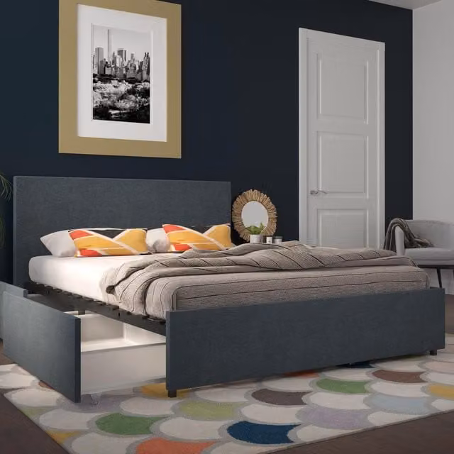 Novogratz Modern Upholstered Kelly Bed with Drawers in Blue, W/D/H: 140 x 200 cm