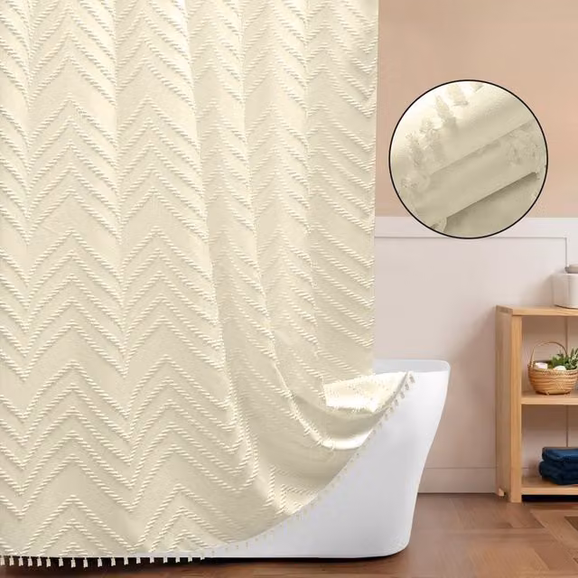 INHOUSOLU Grey and White Tufted Textured Chevron Striped Polyester Bathroom Shower Curtain with Tassels