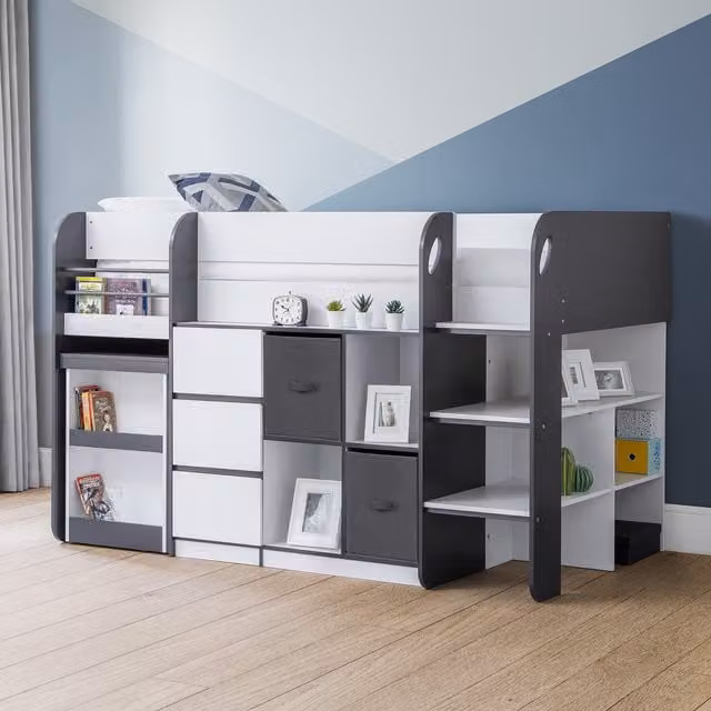 Julian Bowen Saturn Midsleeper Cabin Bed in White and Grey with Stairs and Drawers, W/D/H: 196 x 90 x 124 cm