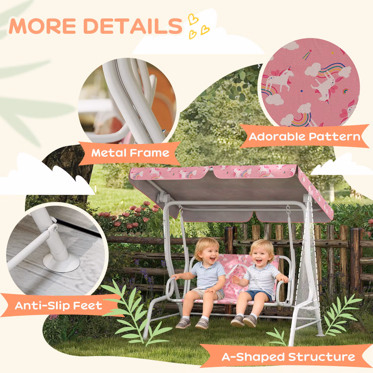 AIYAPLAY 2-Seater Kids Porch Swing Bench with Adjustable Canopy and Seat Belts, Pink – 3