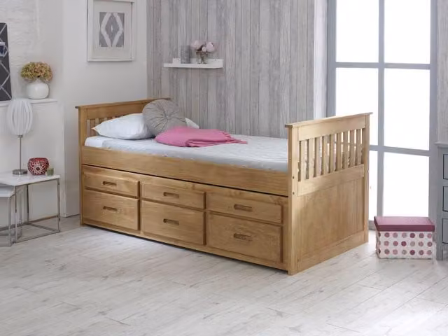 Rest Relax Captain 3FT Single Wooden Slatted Bed with Drawers and Pull Out Under Bed in Natural Pine