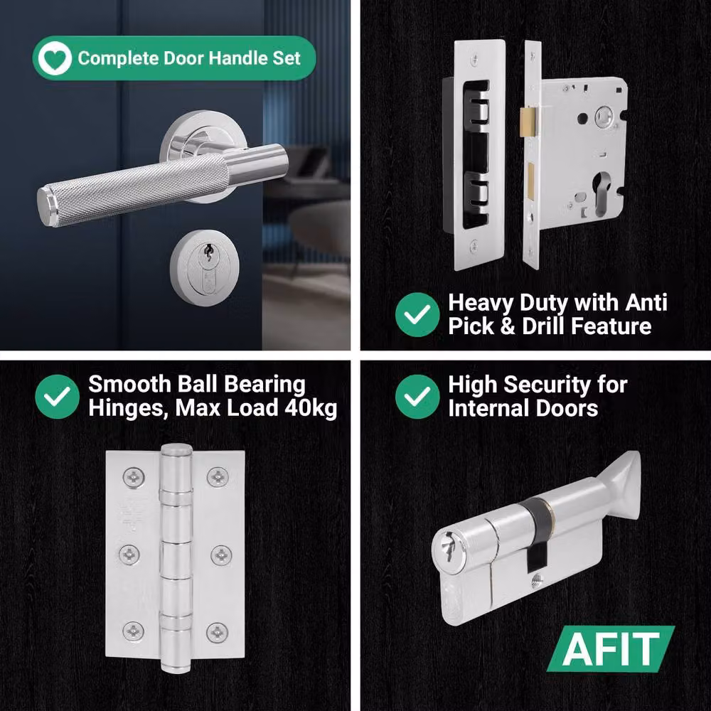 AFIT Polished Chrome Door Handle Euro Lock Turn Cylinder Set in Silver – 6