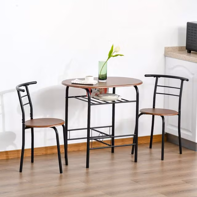 HOMCOM 3 Piece Industrial Style Bar Table and 2 Stools Set in Brown – 1