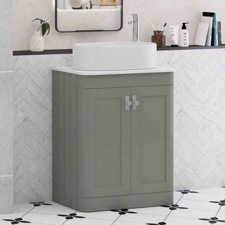 Royal Bathrooms Henley 600mm Sage Green Floor Standing 2 Door Vanity Unit with White Worktop and Peak Basin