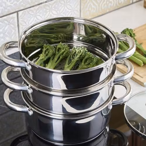 Cooks Professional 3 Tier Stainless Steel Steamer Pan in Silver with Glass Lid, Diameter: 20 cm – 3