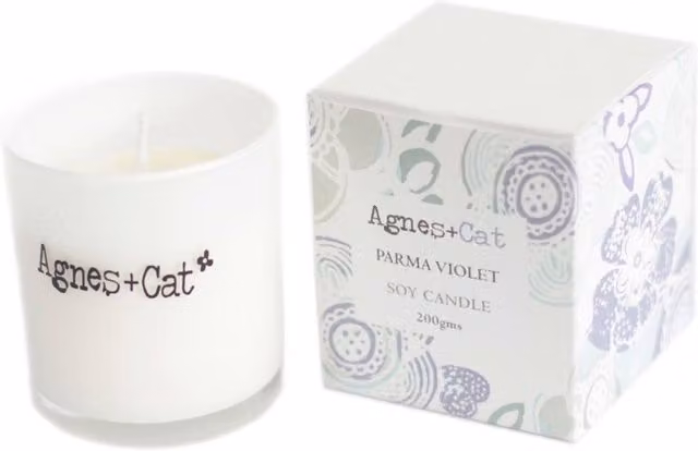 Agnes & Cat Parma Violet Sweet Soy Votive Candle in White and Silver