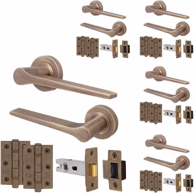 AFIT Antique Brass Door Handle Latch Set with Hinges, Bronze, 5 Pack – 1