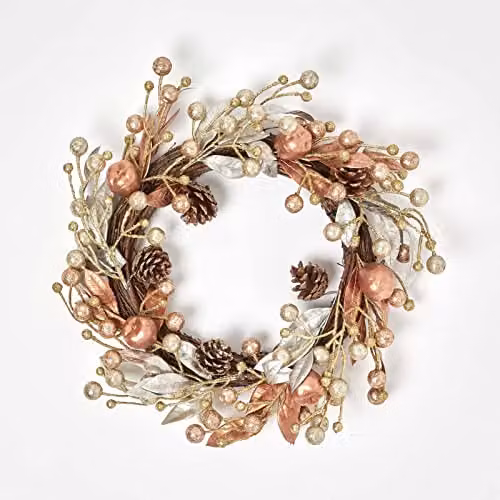 Homescapes Champagne and Gold Christmas Wreath with Pinecones, Berries and Apples, Diameter: 45 cm