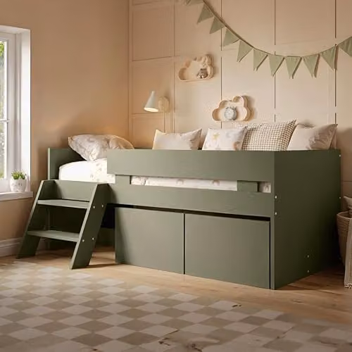 Flair Furnishings Logan Kids Single Low Sleeper Bed with Storage Drawers, Green, 90 x 190 cm – 1