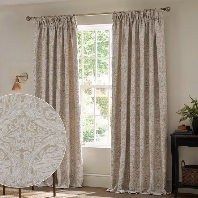 Morris & Co Pimpernel Jacquard Pencil Pleat Curtains in Beige, Width: 229 cm, Drop: 137 cm – 1