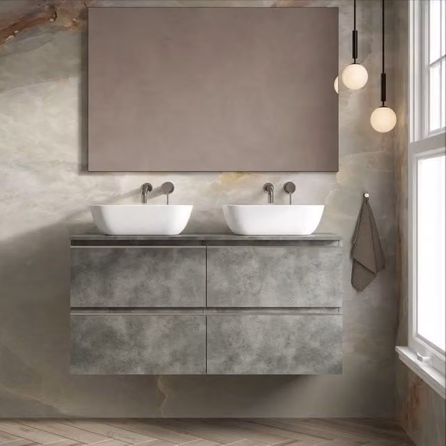 Banyetti Vatilla Wall Hung Vanity Unit with Matching Worktop, Cemento Grey, W: 120 cm