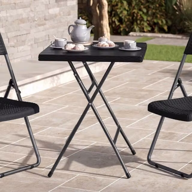 EONLION Black Rattan Wood Look Square Folding Table for Garden and Patio, W: 60 cm, D: 60 cm, H: 73 cm – 1