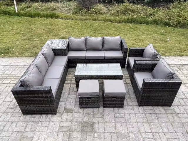 Fimous 10 Seater Rattan Corner Sofa Set with Square Side Table, Oblong Coffee Table and Armchairs in Dark Grey