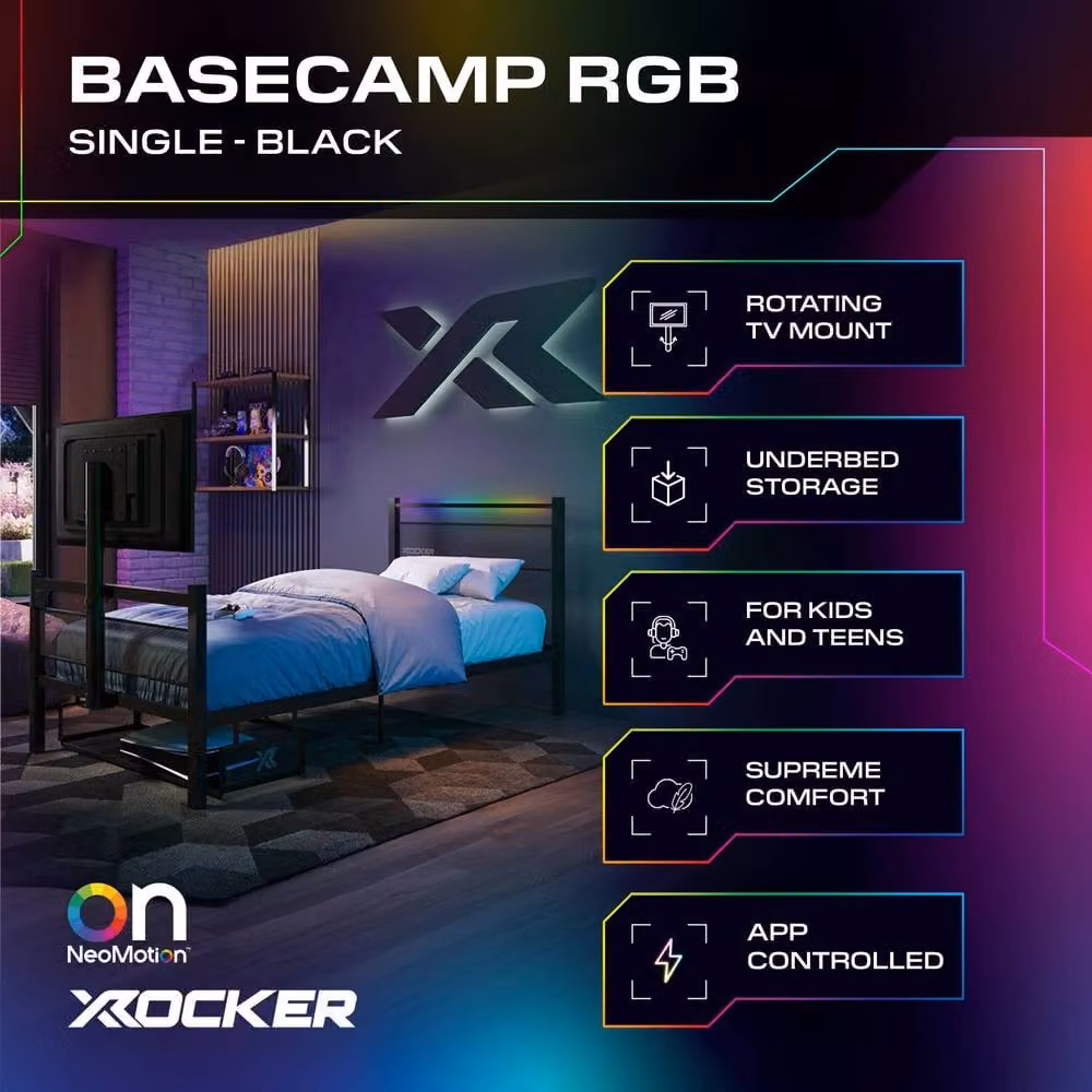 X Rocker Basecamp RGB Gaming TV Bed with App Controlled LED Lighting in Black, Single (W: 90 cm, D: 200 cm) – 2