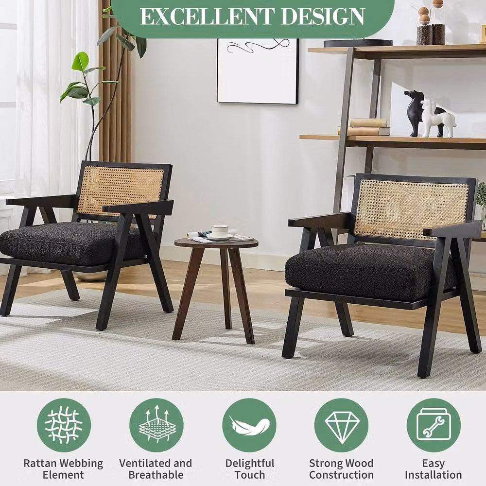 London Boutique Black Rattan Accent Armchair with Teddy Bouclé Fabric Upholstery and Solid Wood Frame – 4