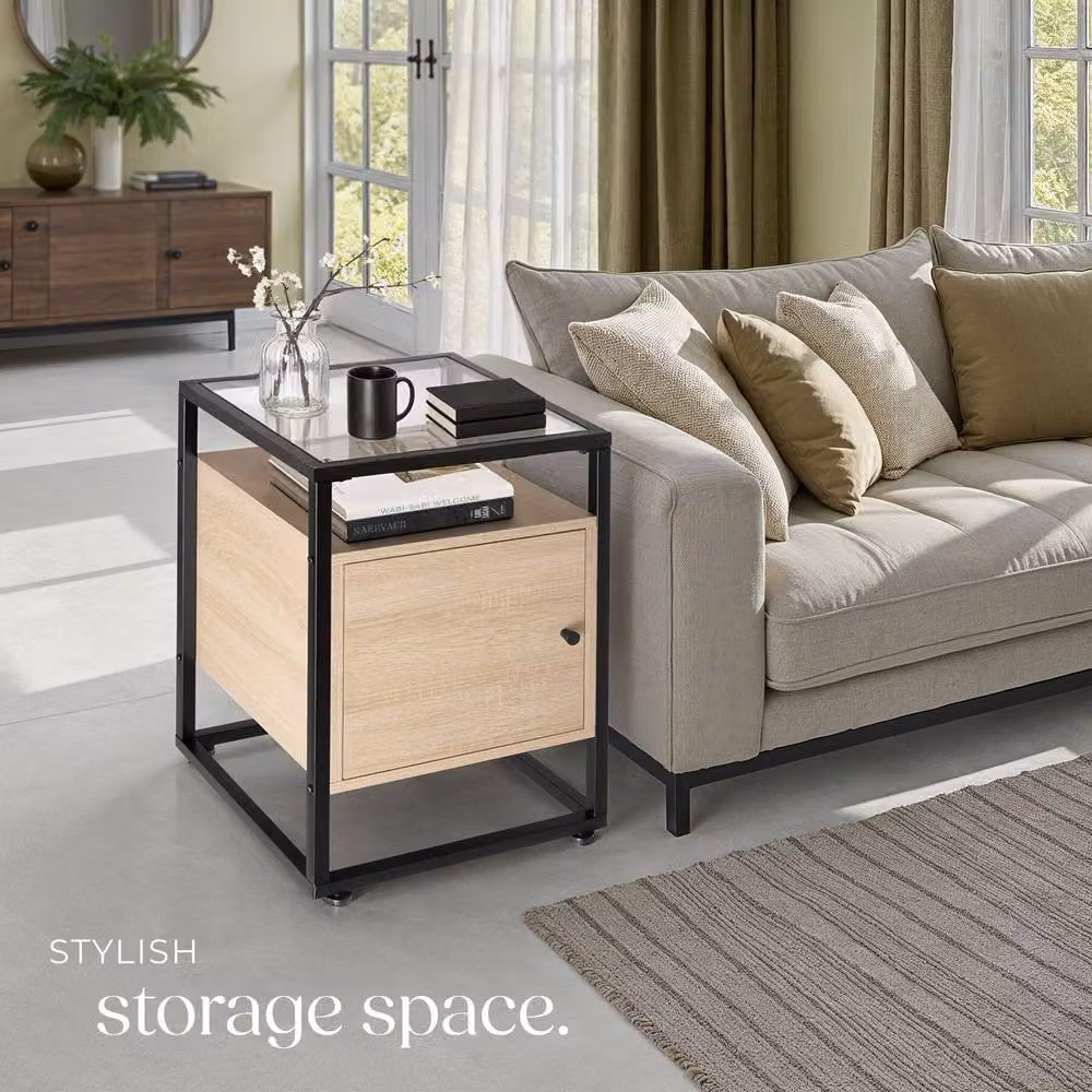 tectake Dudley Nightstand with 3 Shelves and Magnetic Door in Light Oak – 7