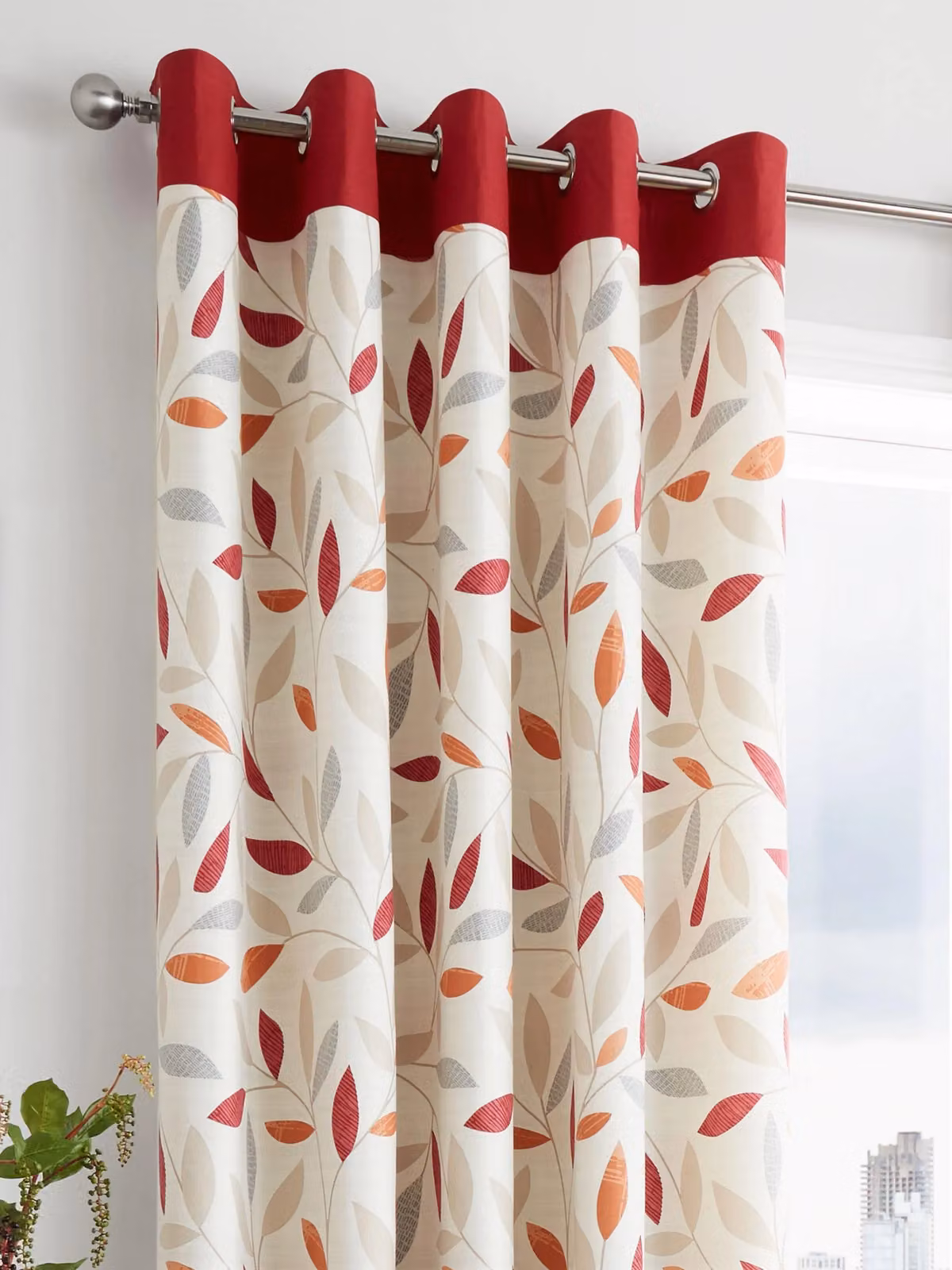 Fusion Beechwood Leaf Floral Cotton Eyelet Curtains in Red and Multicolour, Width: 229 cm, Drop: 229 cm – 2