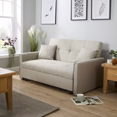 Home Source Modern Click-Clack Two Seater Upholstered Fabric Sofa Bed in Beige or Grey, W/D/H: 153 x 85 x 132 cm