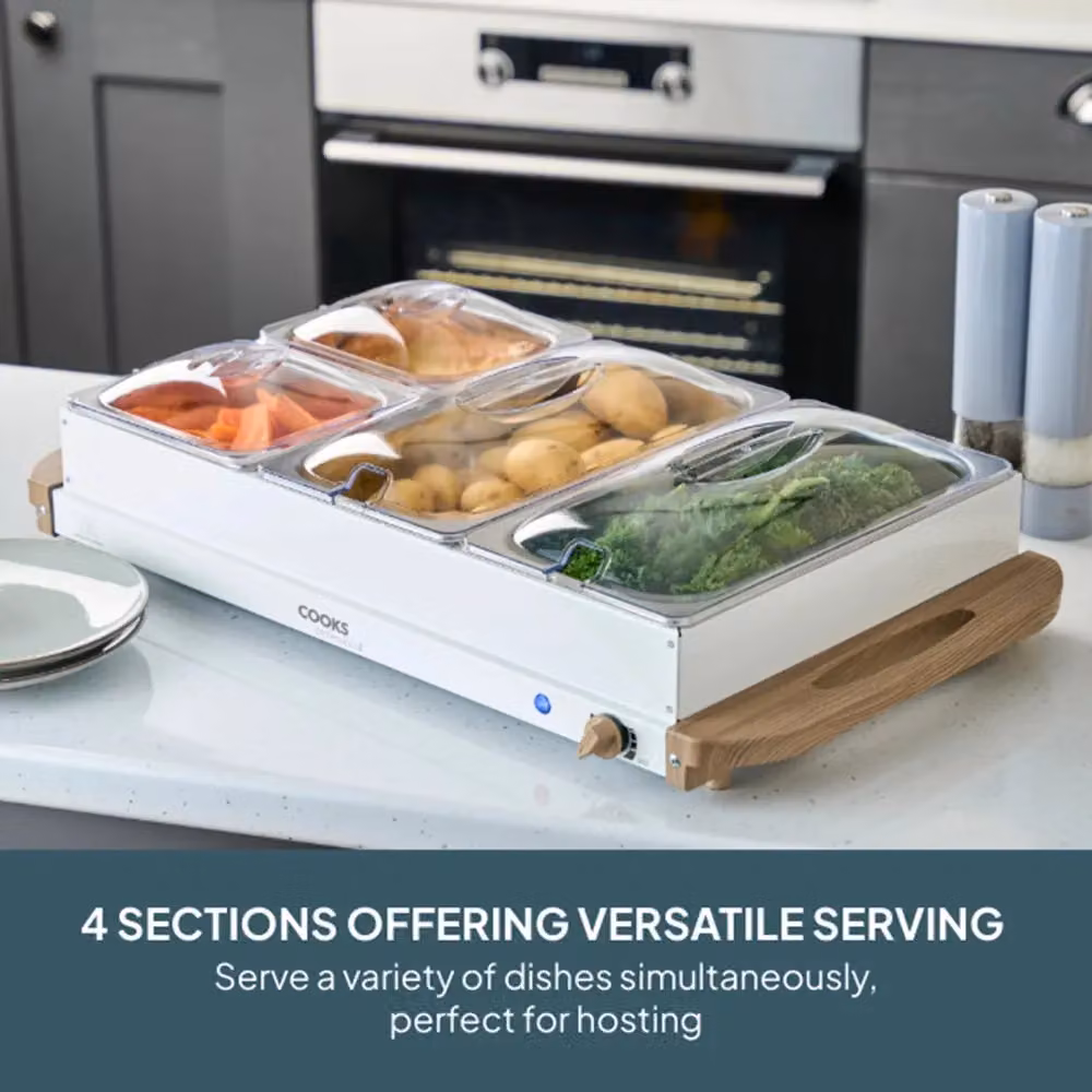 Cooks Professional 4-Section Electric Buffet Warmer with Hotplate Function and Adjustable Temperature, 7.2L, White – 4