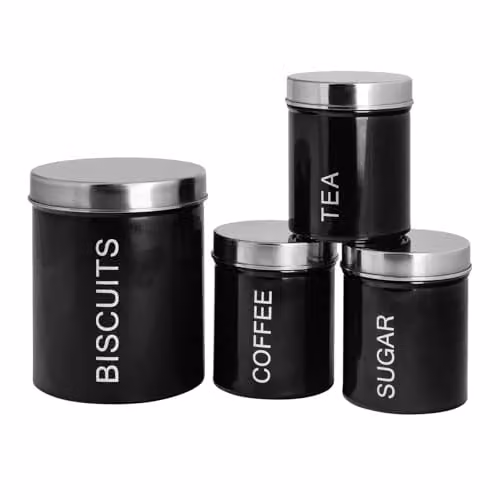 Harbour Housewares 4 Piece Metal Kitchen Canister Set in Black with Airtight Lids